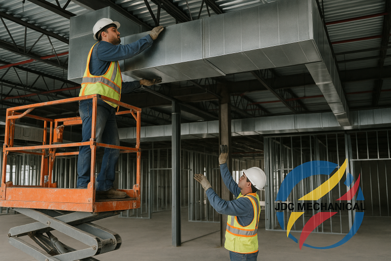 Two sheet metal technicians working on a duct