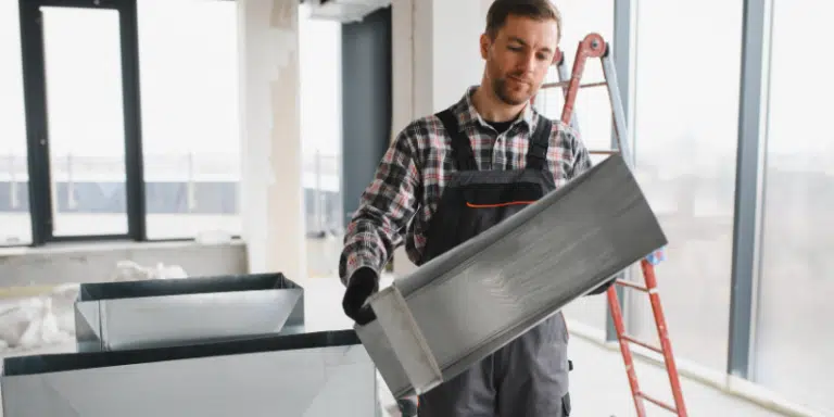 Sheet metal worker assembling HVAC ductwork during a commercial tenant improvement project.